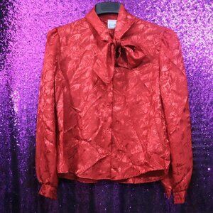 RED SATIN TIE BLOUSE L Vintage Ellen D Shoulder Pads 80s 90s Office Formal Fall